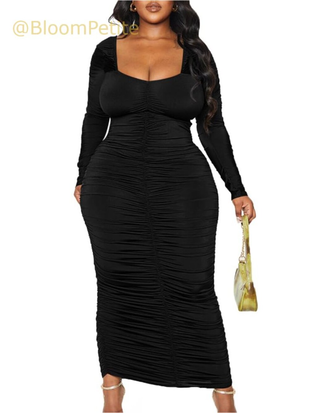 Womens Sexy Plus Size Long Sleeve Bodycon Ruched Long Dress